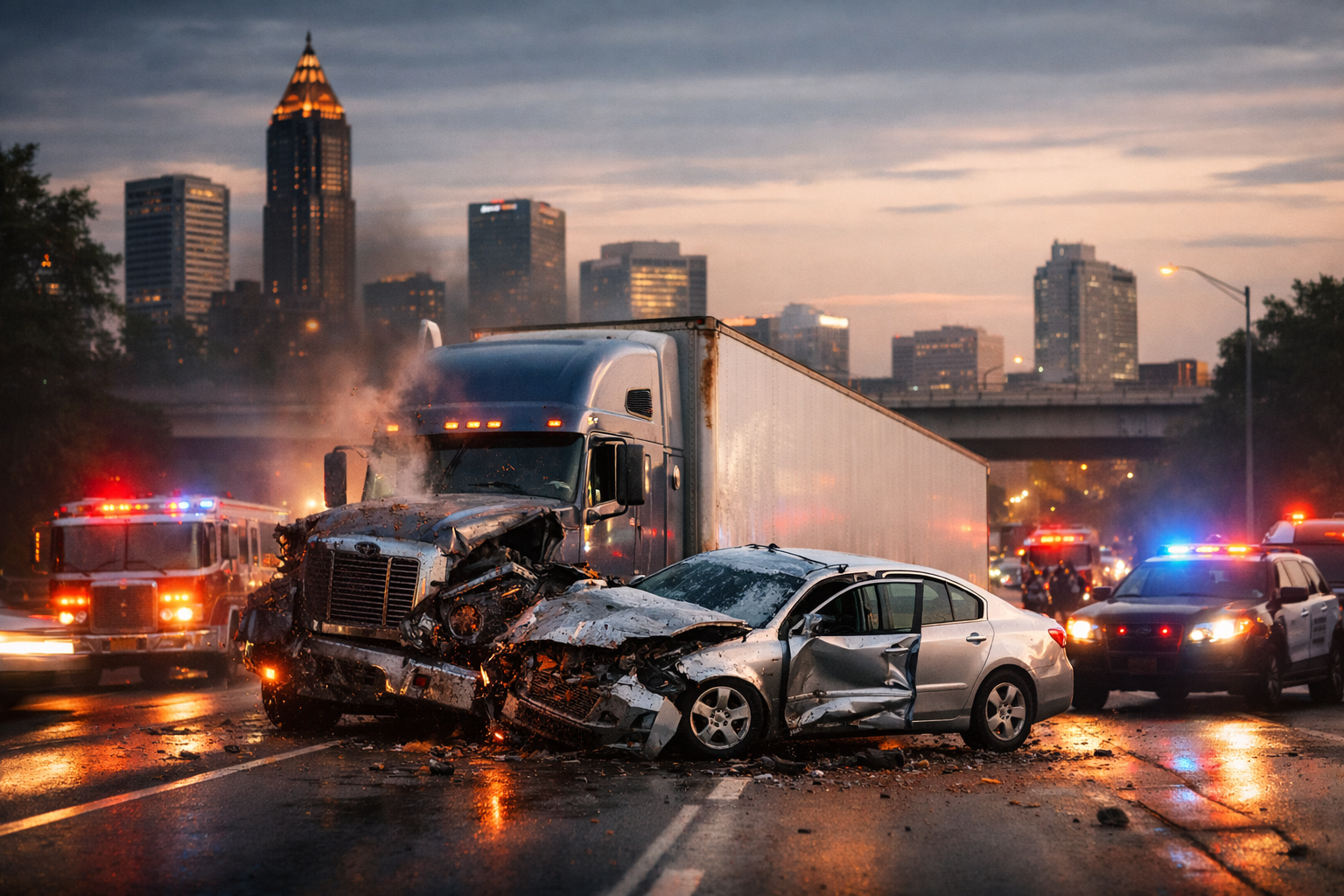 18-wheeler accident in Atlanta involving collision between truck and car on highway
