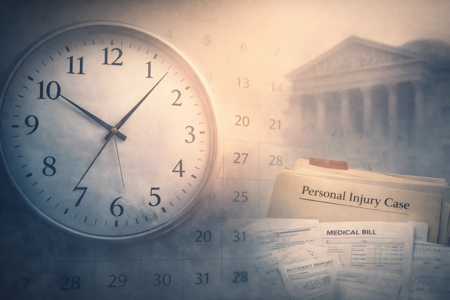 personal injury case timeline concept showing clock calendar and legal case file in Georgia