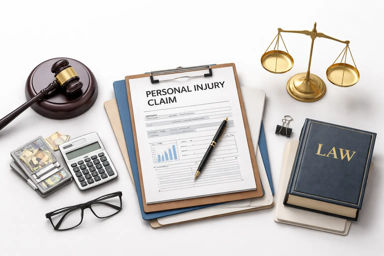 Personal injury claim documents with gavel and scales of justice on white background representing legal process and compensation in Georgia
