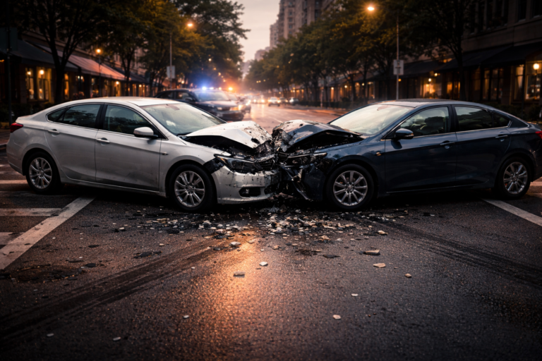 Head-on car collision at city intersection in Atlanta with two damaged vehicles and debris on road