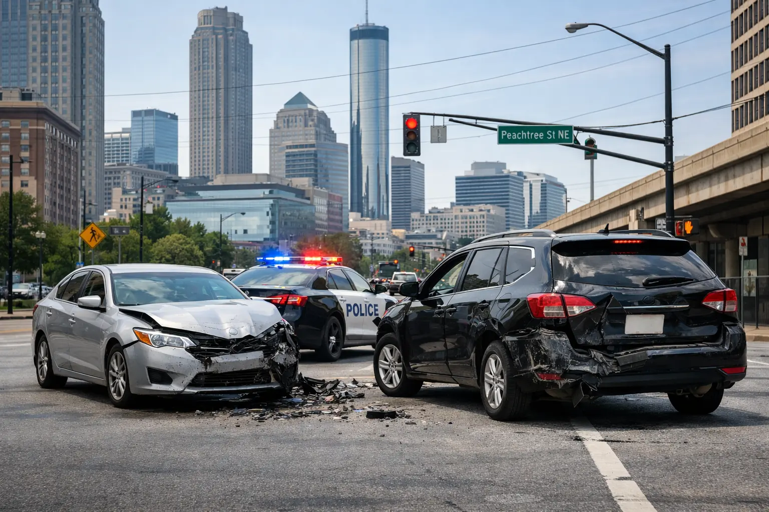 Car accident scene at an Atlanta intersection with police vehicle and damaged cars