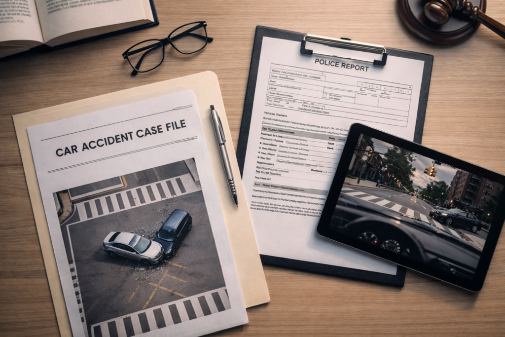Car accident case file with police report and crash evidence on desk