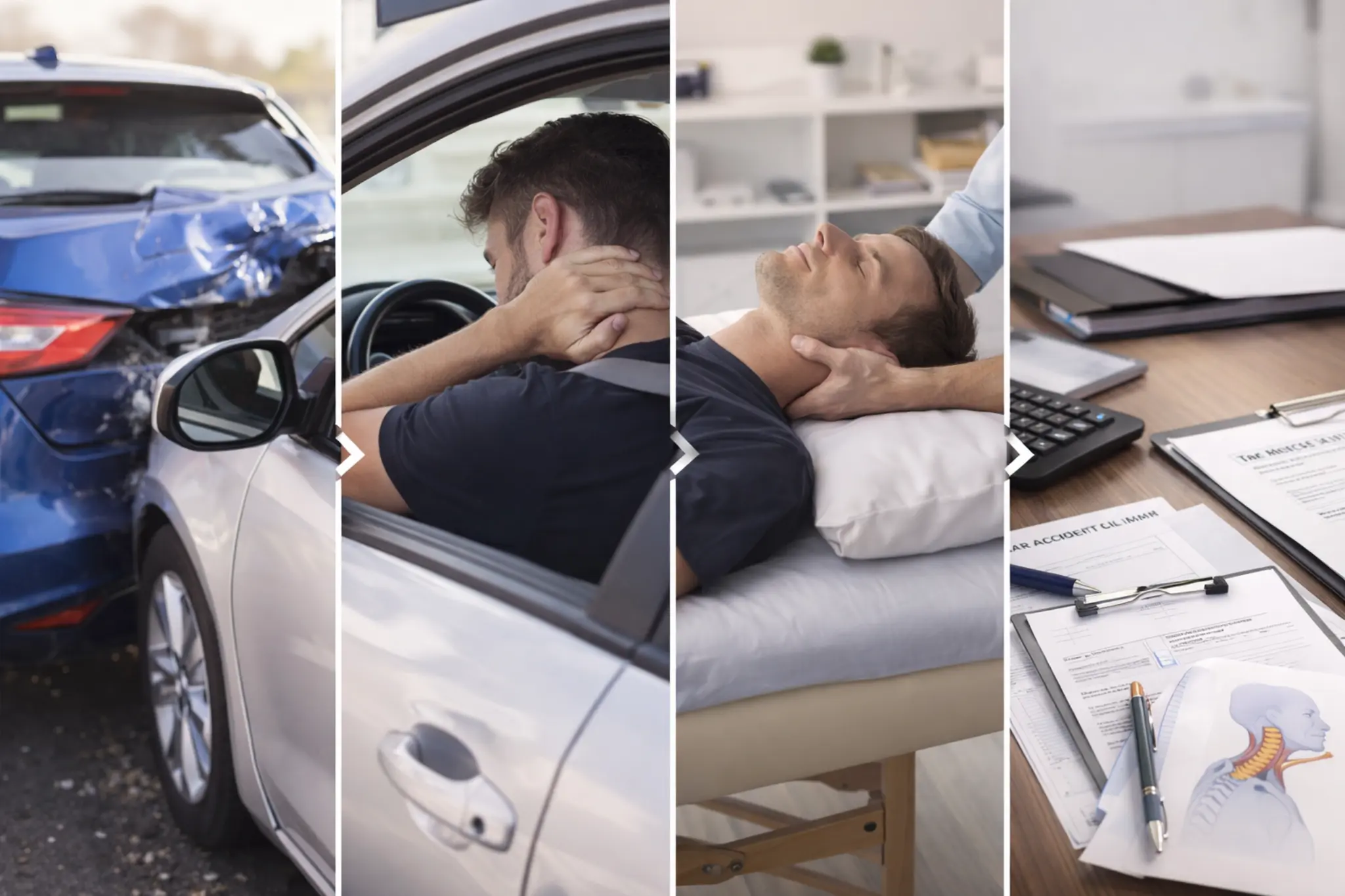 Process after a car accident showing whiplash injury, medical treatment, and personal injury claim documents