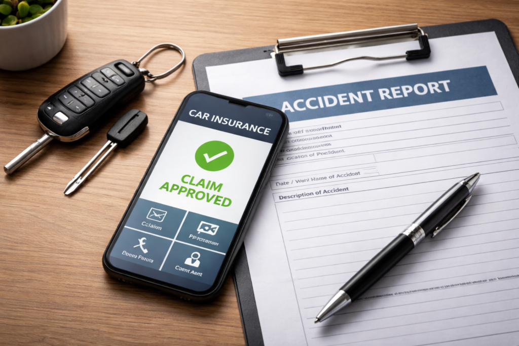 Car insurance claim process with smartphone accident report and car keys