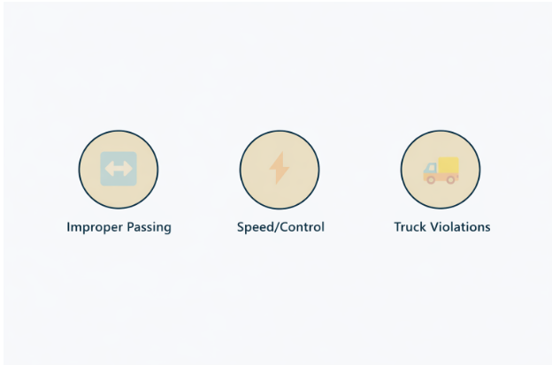 Common causes of head-on collisions including improper passing, speeding or loss of control, and truck violations