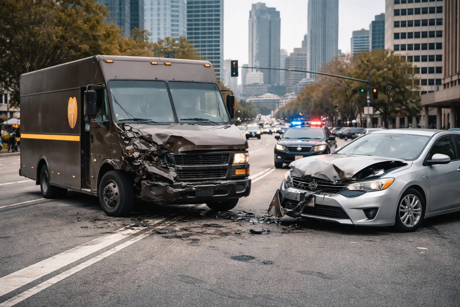 Delivery truck accident involving a FedEx or UPS van on an Atlanta city street
