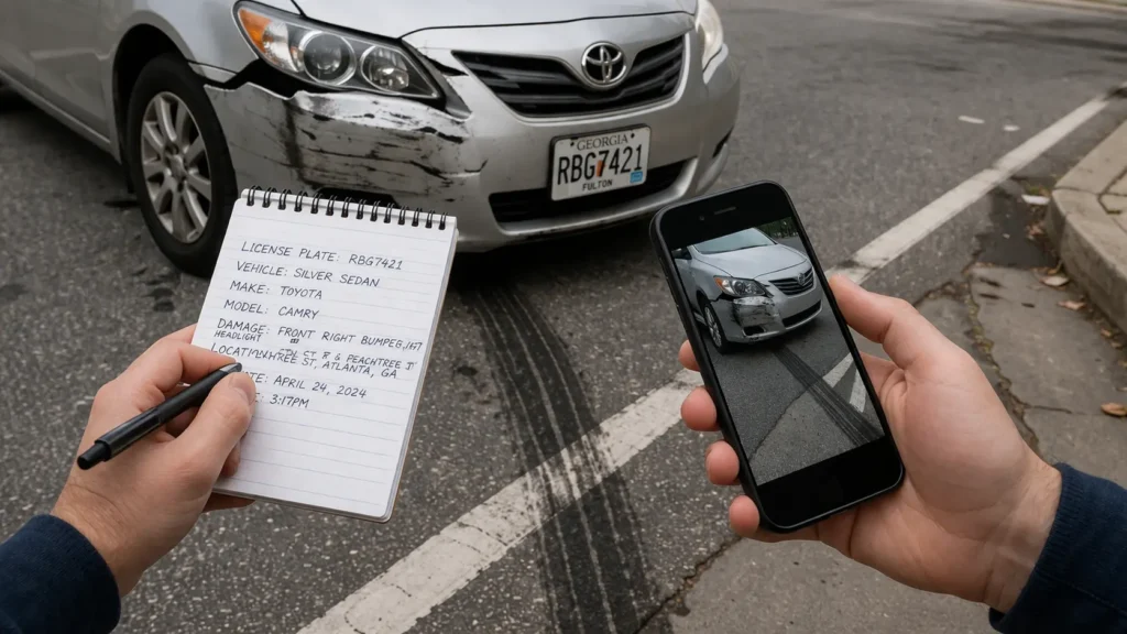 Person documenting hit-and-run accident details with notepad and taking photos of vehicle damage and skid marks for insurance claim