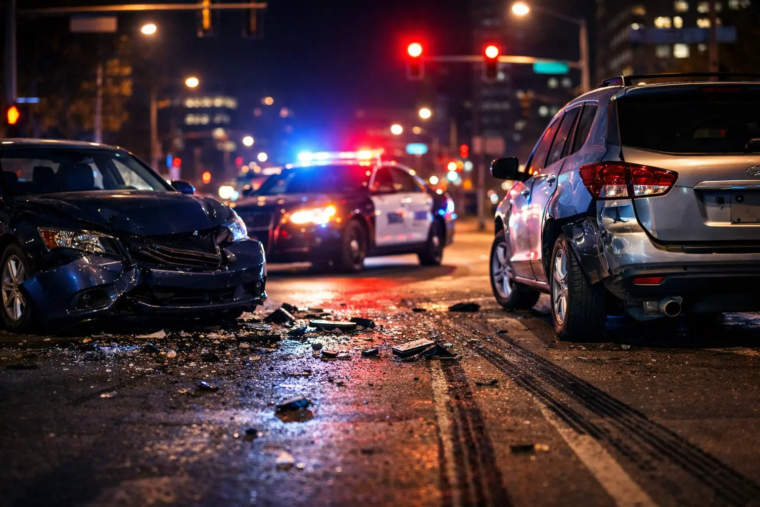 Drunk driving accident scene in Atlanta at night