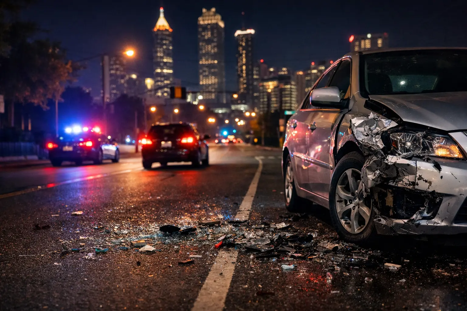 Realistic hit-and-run car accident scene at night in Atlanta with damaged car, debris on road, and vehicle driving away in distance