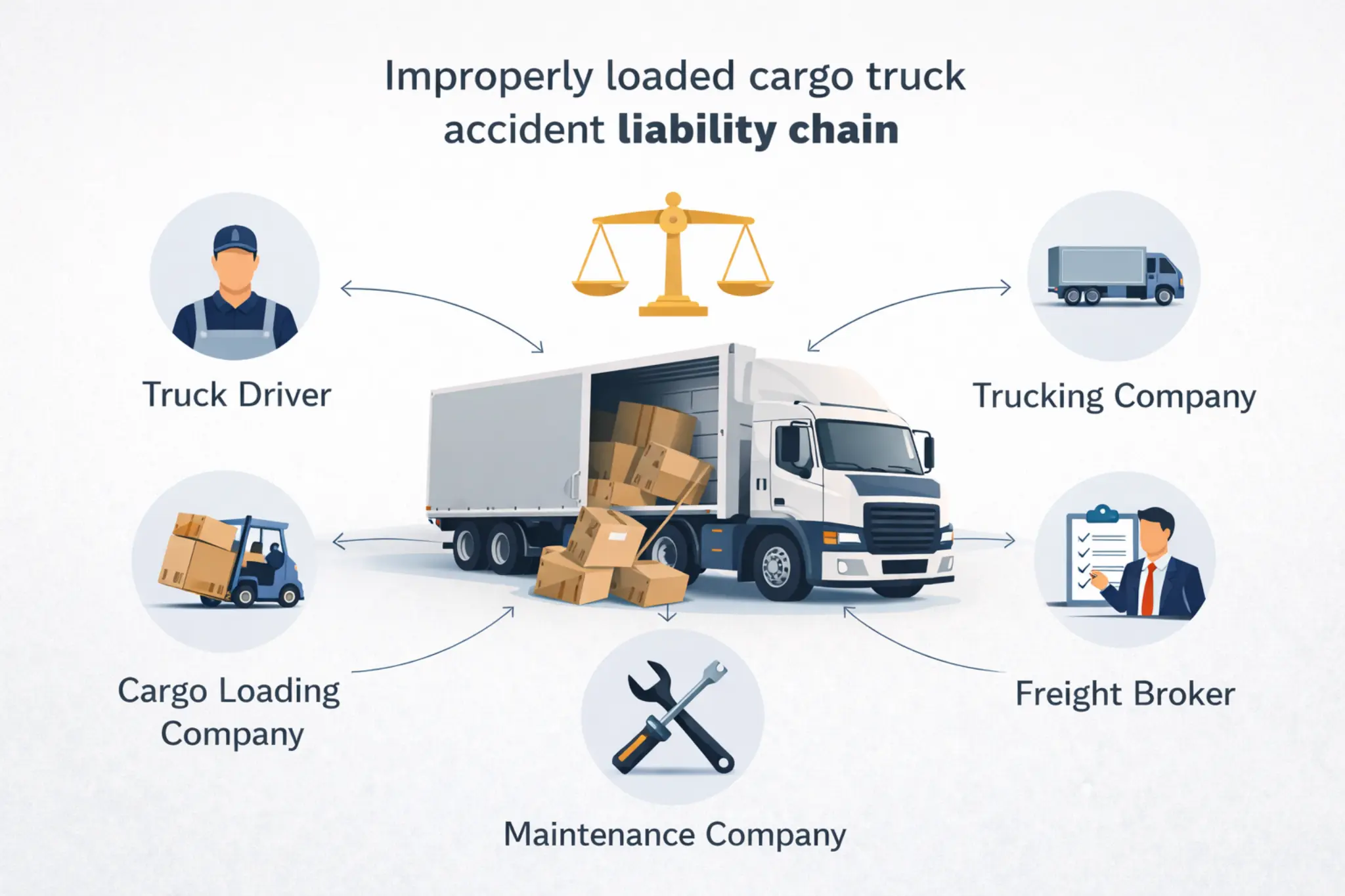 Infographic showing liability chain in an improperly loaded cargo truck accident including truck driver, trucking company, cargo loading company, maintenance company, and freight broker.