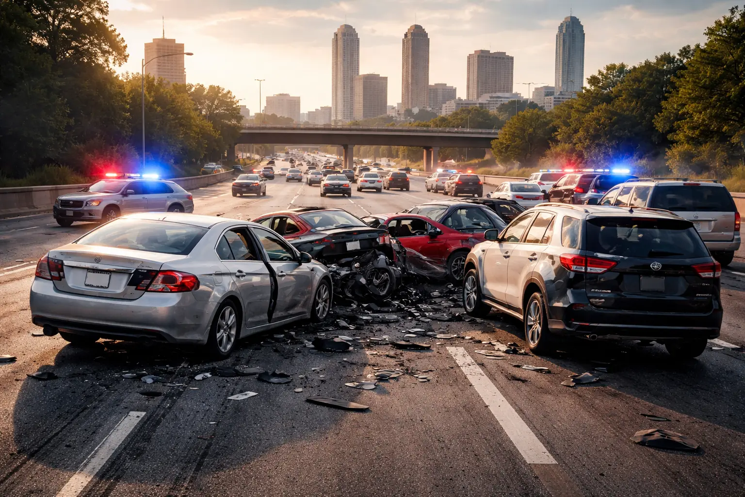 Multi-vehicle accident scene on an Atlanta highway showing several cars involved in a chain-reaction crash with police lights and road debris.