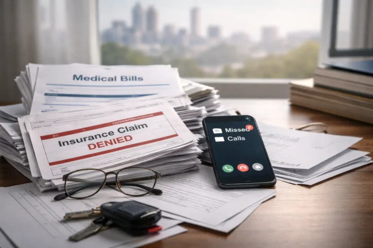 Cluttered desk with medical bills, insurance claim denial, and missed calls showing stress after a personal injury accident in Atlanta