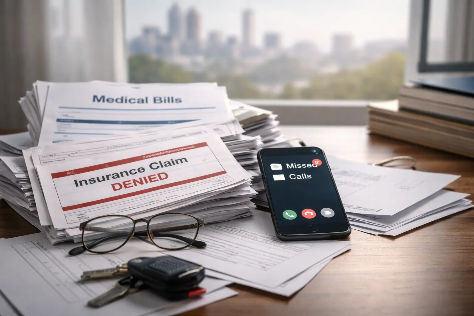 Cluttered desk with medical bills, insurance claim denial, and missed calls showing stress after a personal injury accident in Atlanta