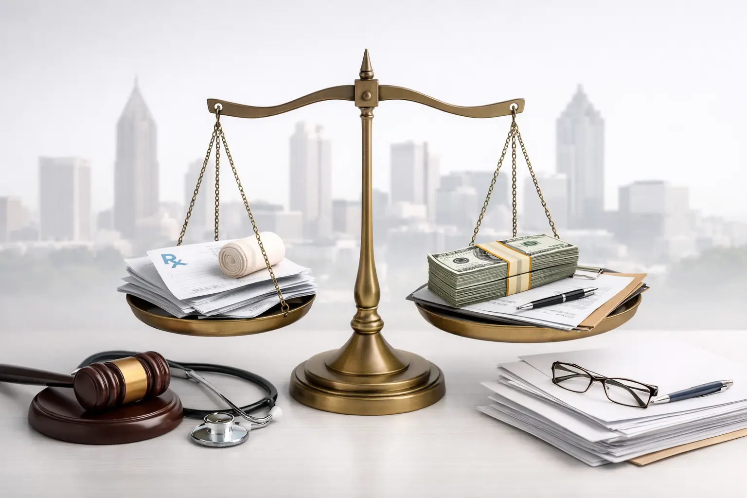 Personal injury compensation concept showing legal balance between medical costs and financial recovery in Atlanta