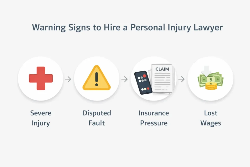 Infographic showing key signs to hire a personal injury lawyer in Atlanta including severe injury, disputed fault, insurance pressure, and lost wages