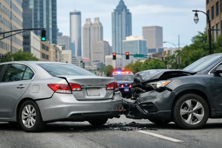 Rear-end collision accident scene in Atlanta showing vehicle damage after a rear-end crash