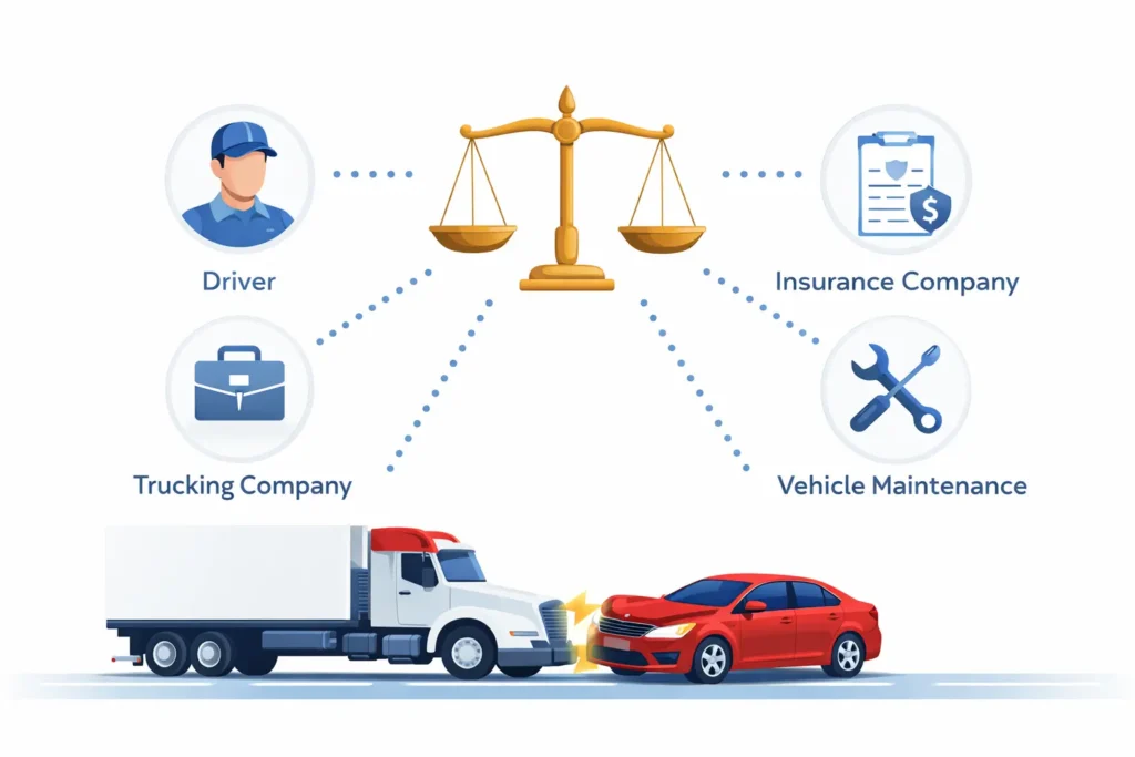Rear-end truck accident liability illustration showing driver, trucking company, insurance company, and vehicle maintenance responsibility