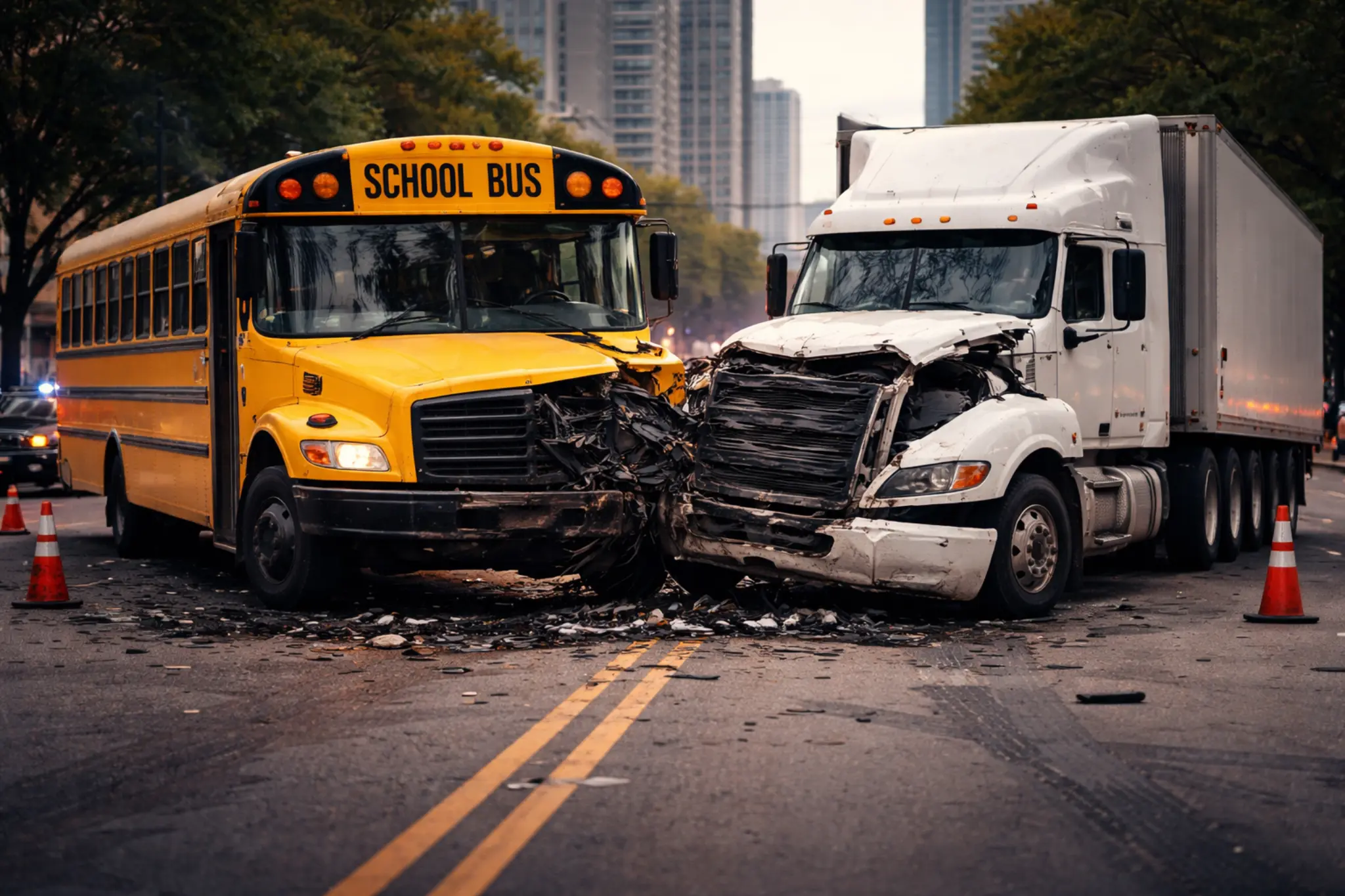 Realistic accident scene showing a yellow school bus and a commercial truck collision at a city intersection in Atlanta, with front-end damage, debris on the road, traffic cones and police lights in the background, representing a school bus accident and liability investigation scenario.