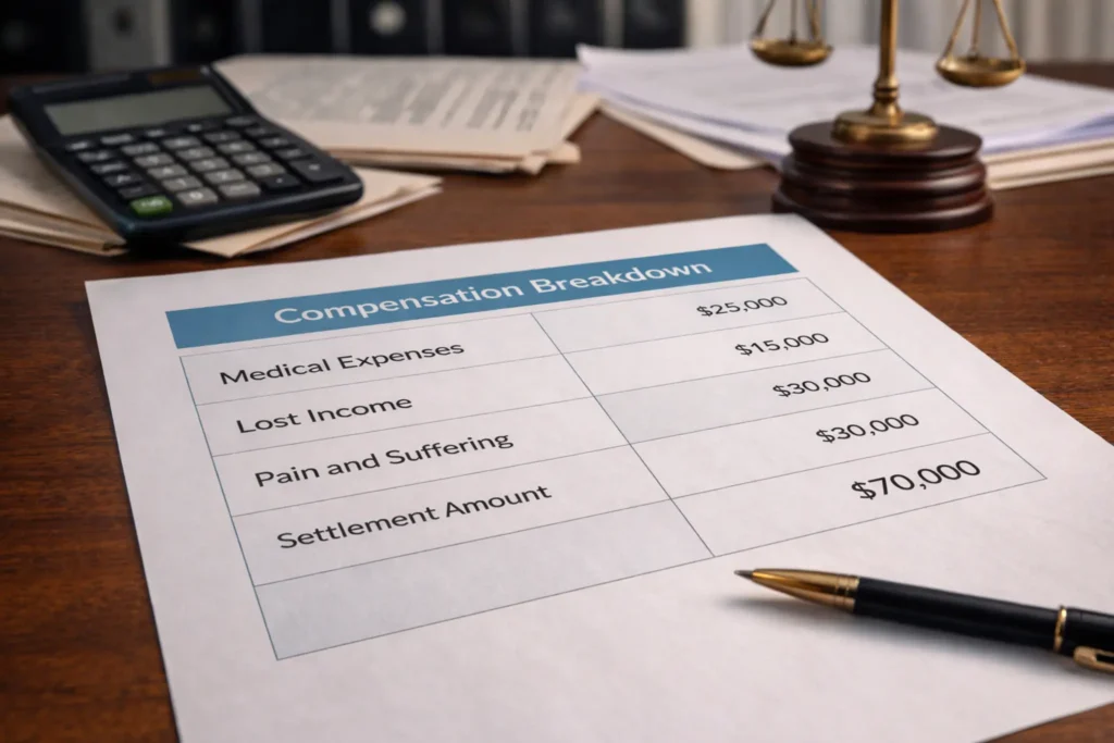 Personal injury compensation breakdown table showing categories like medical expenses, lost income, pain and suffering, and settlement amount on a desk with legal documents, calculator, and scales of justice, representing compensation calculation after a school bus accident injury claim.