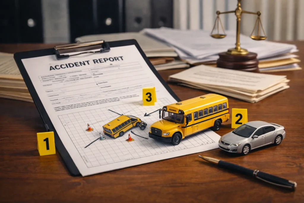 School bus accident investigation scene showing accident report on clipboard, miniature school bus and car models with evidence markers, legal documents and scales of justice in the background, representing negligence investigation and liability determination after a school bus accident.