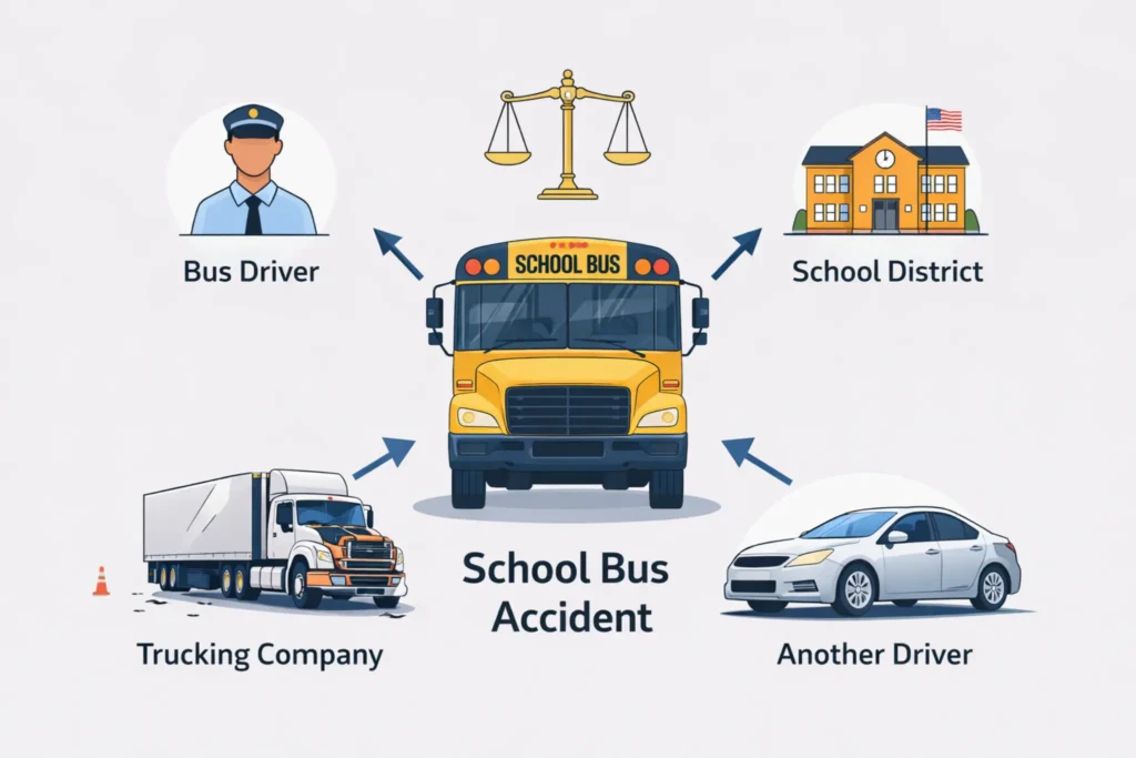 Conceptual legal illustration showing liability in a school bus accident, with a school bus in the center and arrows pointing to responsible parties such as the bus driver, school district, trucking company, and another driver, with scales of justice representing legal responsibility and liability determination.