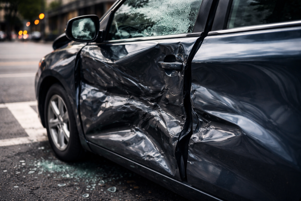 Close up of side impact car damage after T-bone collision
