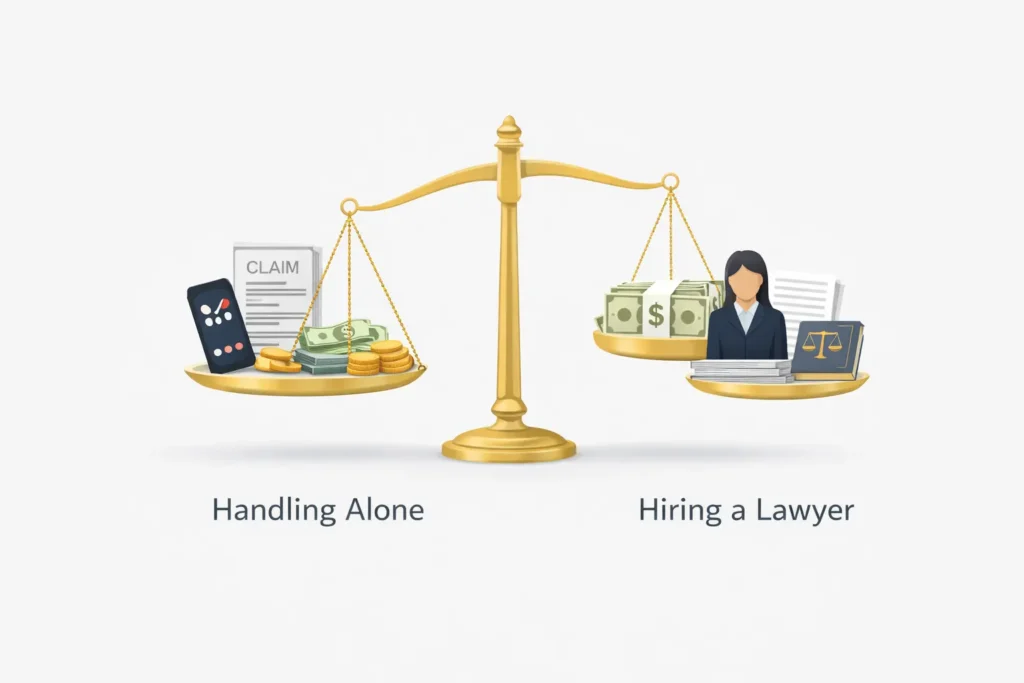 Comparison of handling a personal injury claim alone versus hiring a lawyer showing difference in compensation and legal support