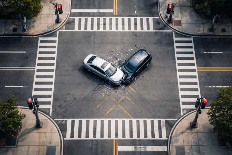 T-bone car accident at city intersection showing two vehicles collision at traffic light