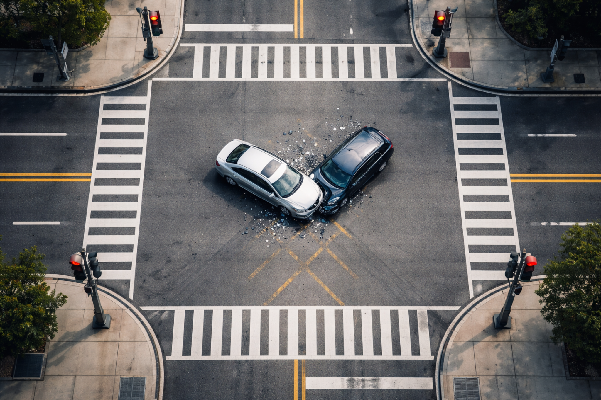 T-bone car accident at city intersection showing two vehicles collision at traffic light