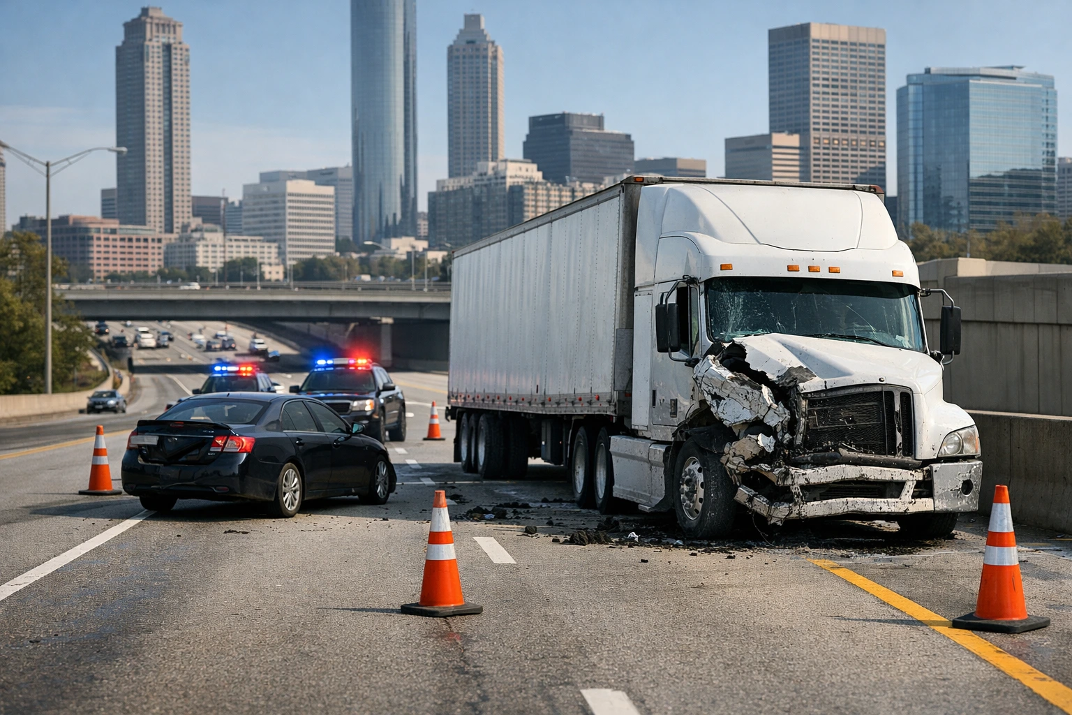 Tractor-trailer accident scene on Atlanta highway with damaged 18-wheeler and car, police lights and traffic cones at crash site
