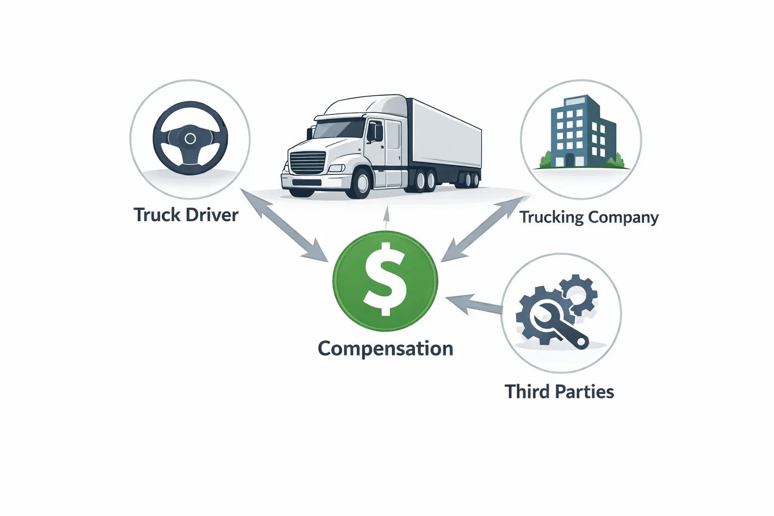 Truck accident liability illustration showing driver, trucking company, and third-party responsibility for compensation in Georgia
