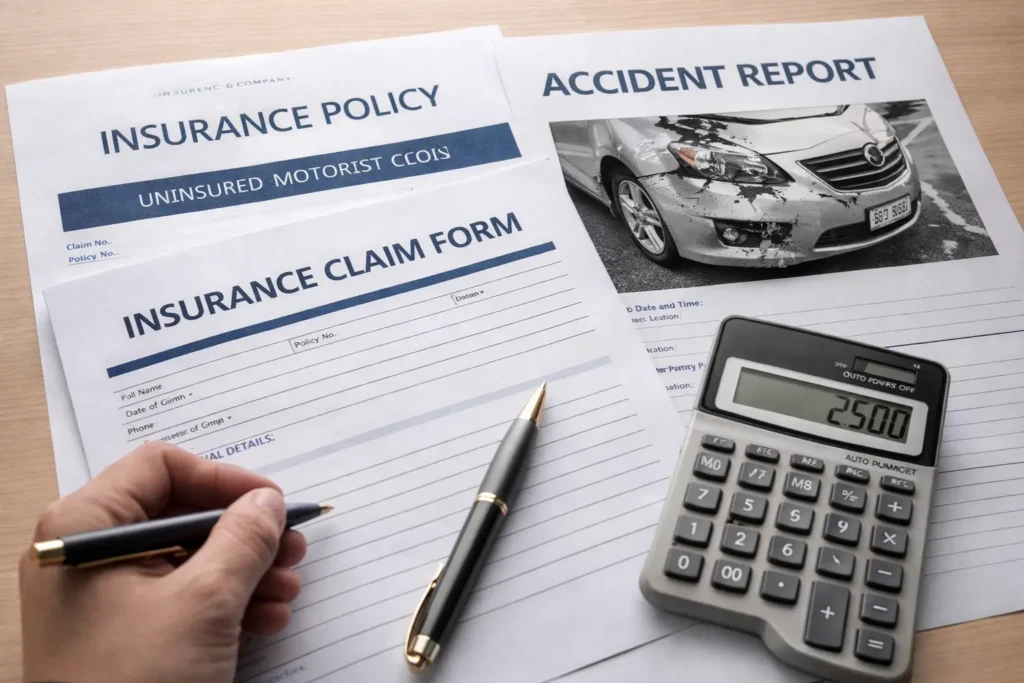 Car insurance claim form, insurance policy documents, calculator and accident report on desk representing uninsured motorist claim
