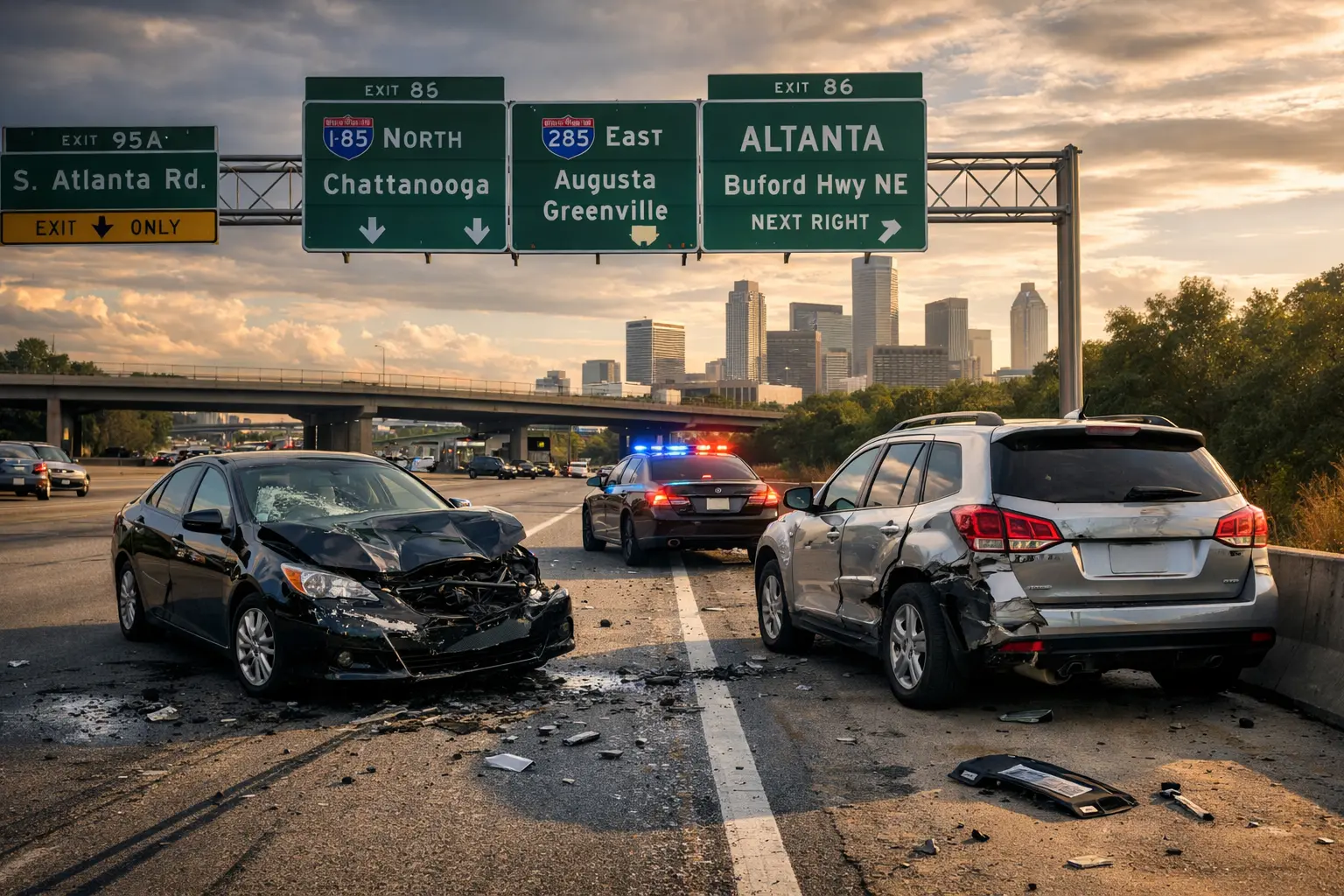 Car accident on Atlanta highway with damaged vehicles and police lights for out-of-state drivers accident claim