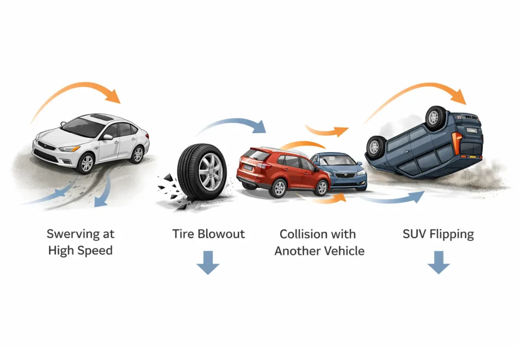 Common causes of rollover accidents including speeding, tire blowout, and collision
