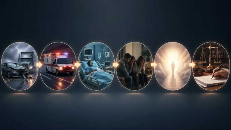 Step-by-step journey from catastrophic accident to wrongful death claim showing ambulance, ICU treatment, family grief, and legal process