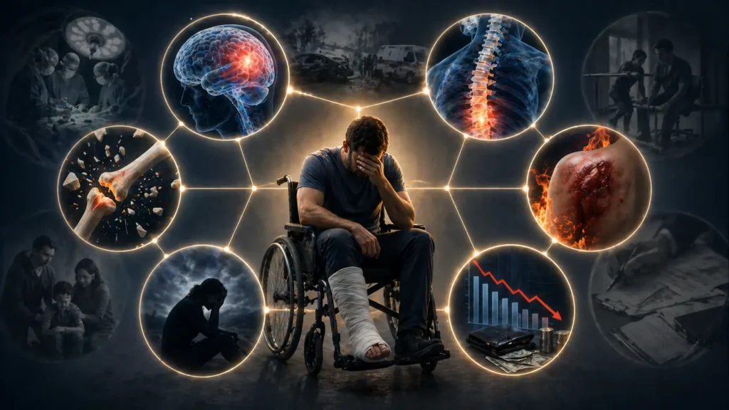 Person with catastrophic injuries surrounded by brain trauma, spinal damage, broken bones, financial loss, and emotional distress indicators