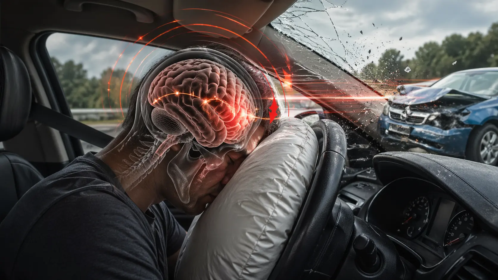 Traumatic brain injury in a car accident showing brain movement inside skull after impact in Atlanta collision