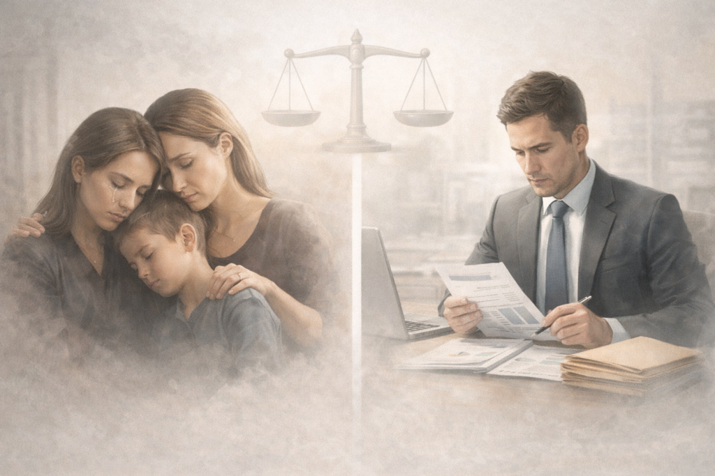 Grieving family and insurance adjuster reviewing claim in wrongful death case
