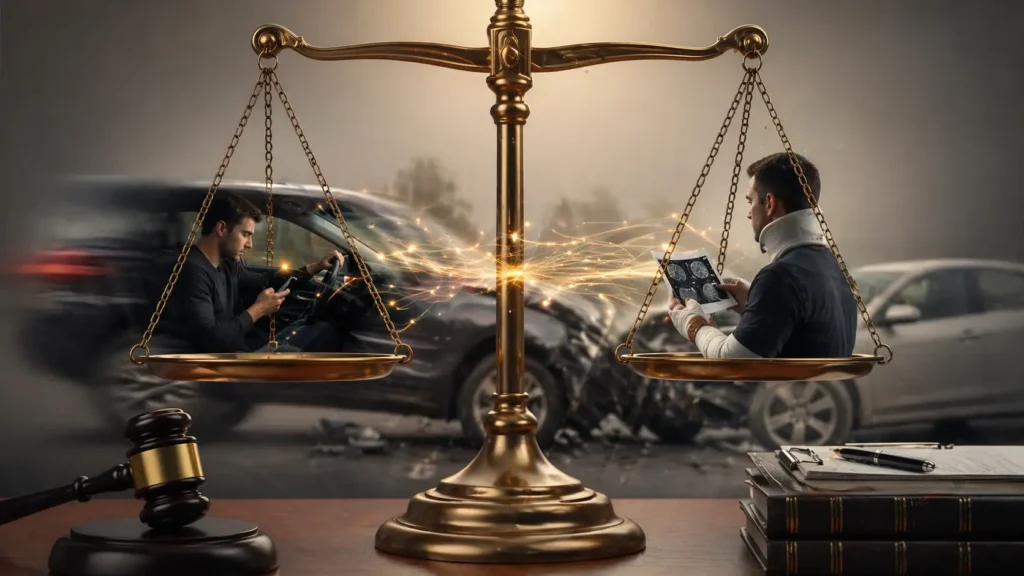 Liability in Atlanta car accident showing negligent driver and injured victim connected through legal evidence