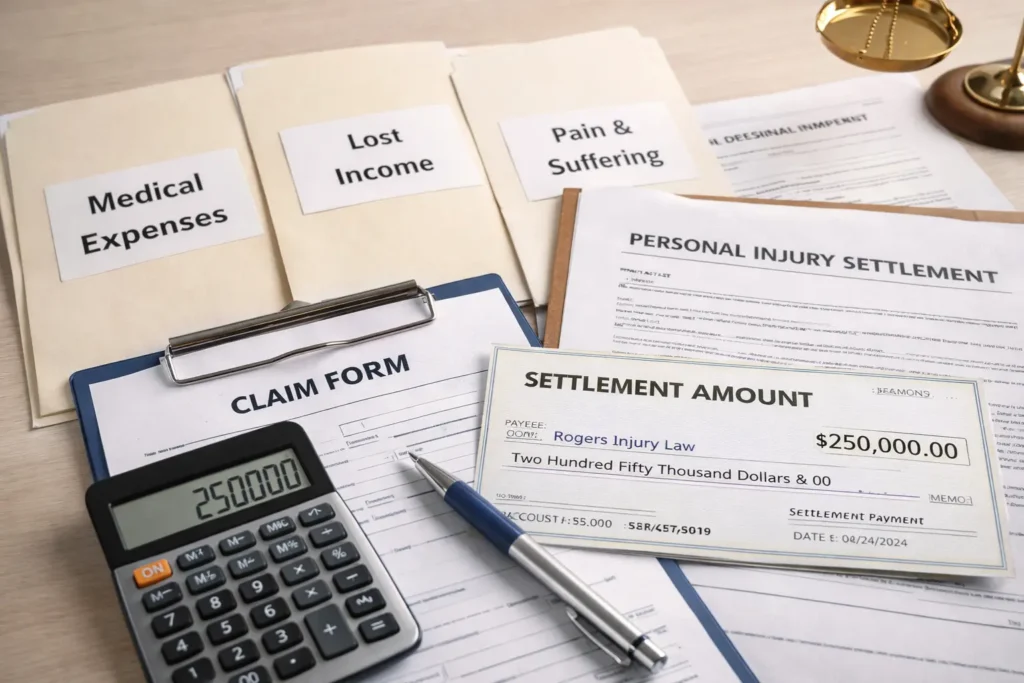 Personal injury compensation documents showing medical expenses and lost income