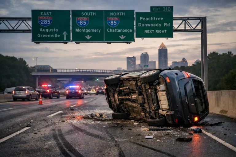 Rollover car accident on Atlanta highway with flipped SUV and police lights