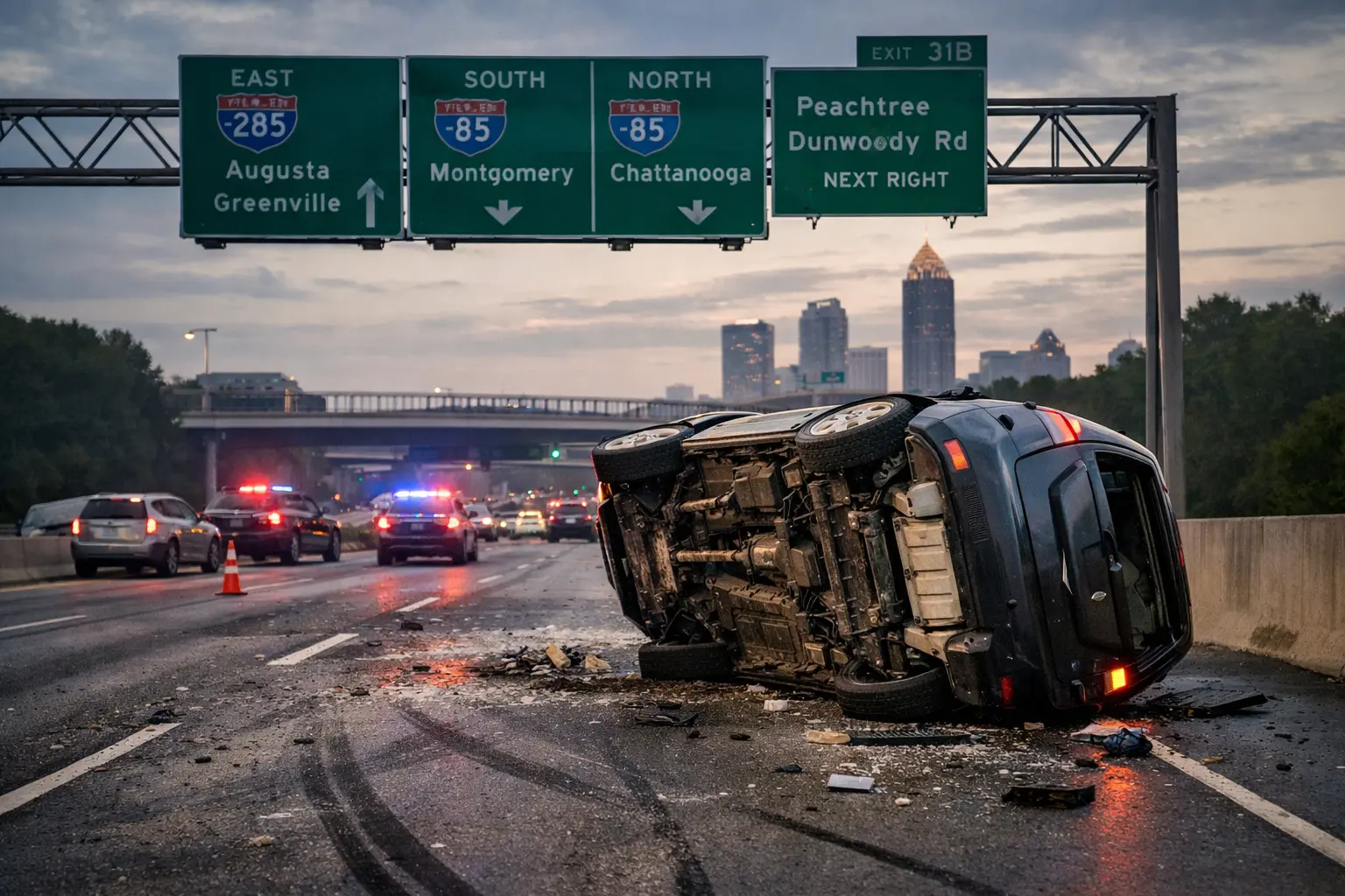 Rollover car accident on Atlanta highway with flipped SUV and police lights