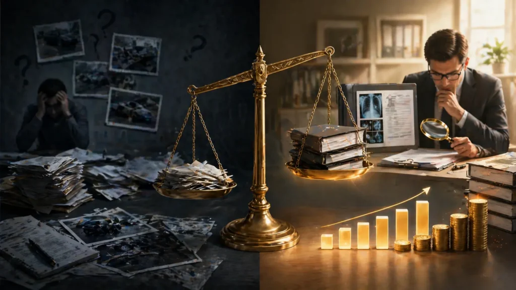 Comparison of weak and strong wrongful death cases showing scattered documents versus organized evidence with higher compensation outcome