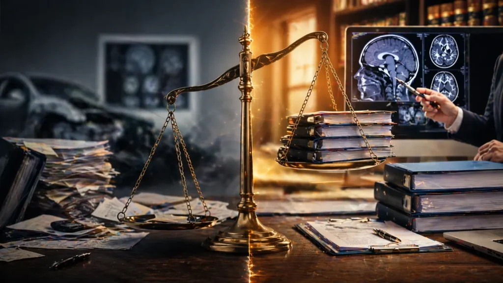 Strong vs weak brain injury claim evidence showing organized medical records and brain scans in Atlanta case