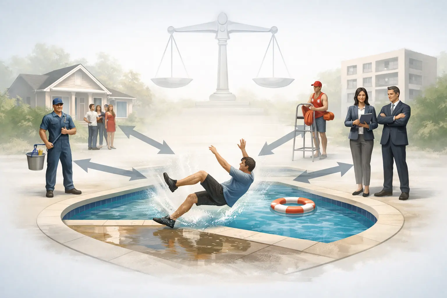 Swimming pool accident scene showing liability between property owner, lifeguard, and maintenance staff in Atlanta