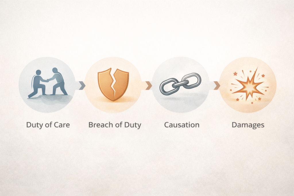 Four elements of negligence in wrongful death claim duty breach causation damages explained