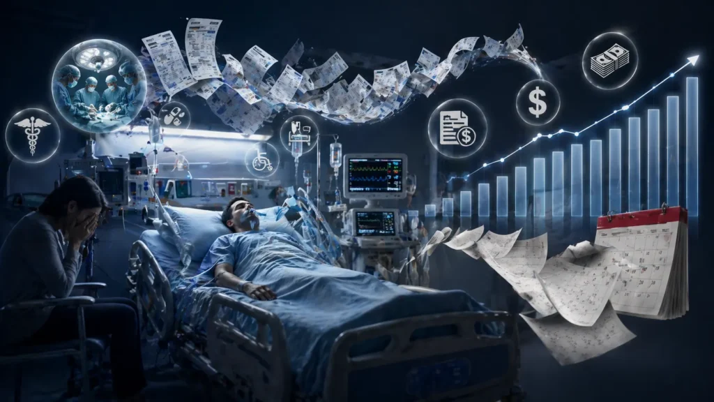 Hospital ICU patient on life support with rising medical bills and cost indicators showing financial burden after catastrophic injury