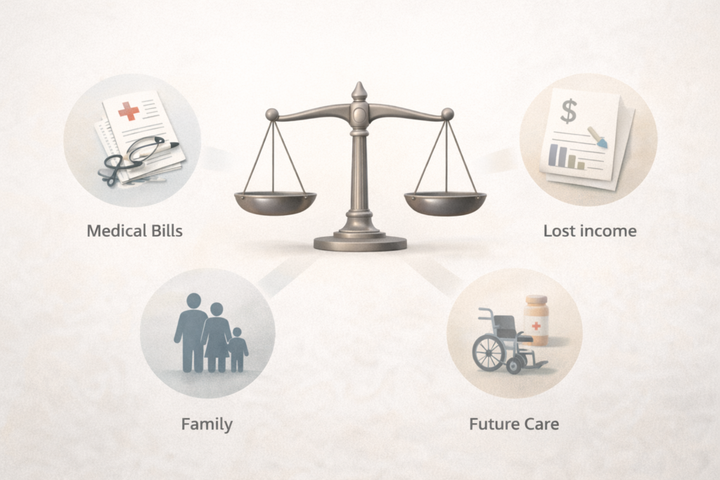 Wrongful death compensation including medical bills lost income family loss and future care