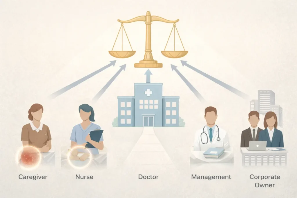 Diagram showing liability in nursing home wrongful death cases including caregivers, nurses, doctors, and facility owners