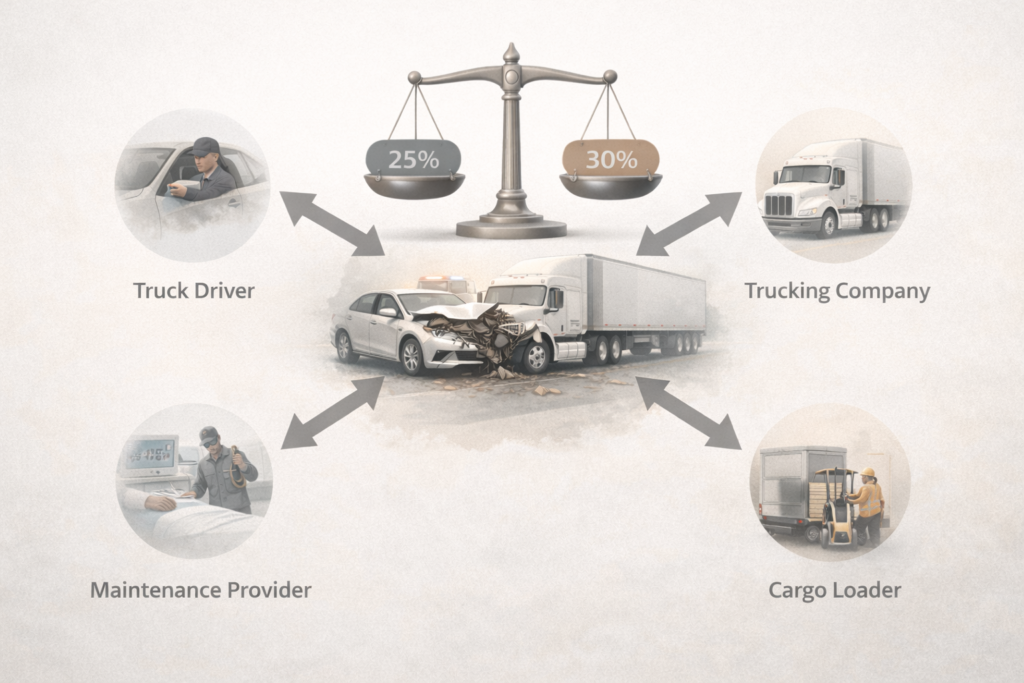 Truck accident liability showing driver trucking company maintenance and cargo loader responsibility